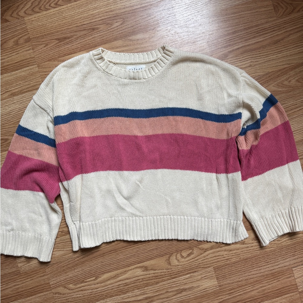 Velvet by Graham Cream and Pink Striped Sweater